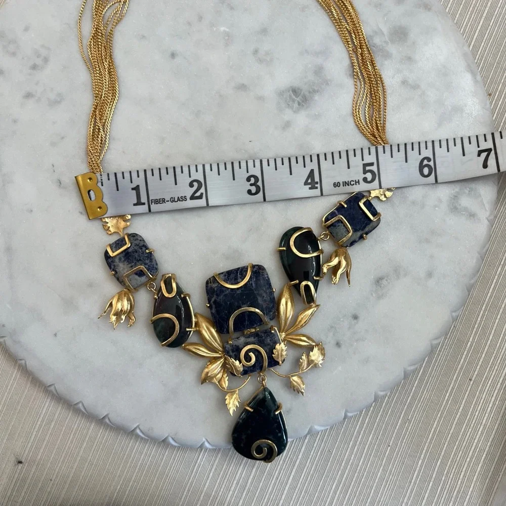 Gemstone Statement Necklace Sodalite Gold Tone‎ Floral Bib Grecian Boho Jewelry